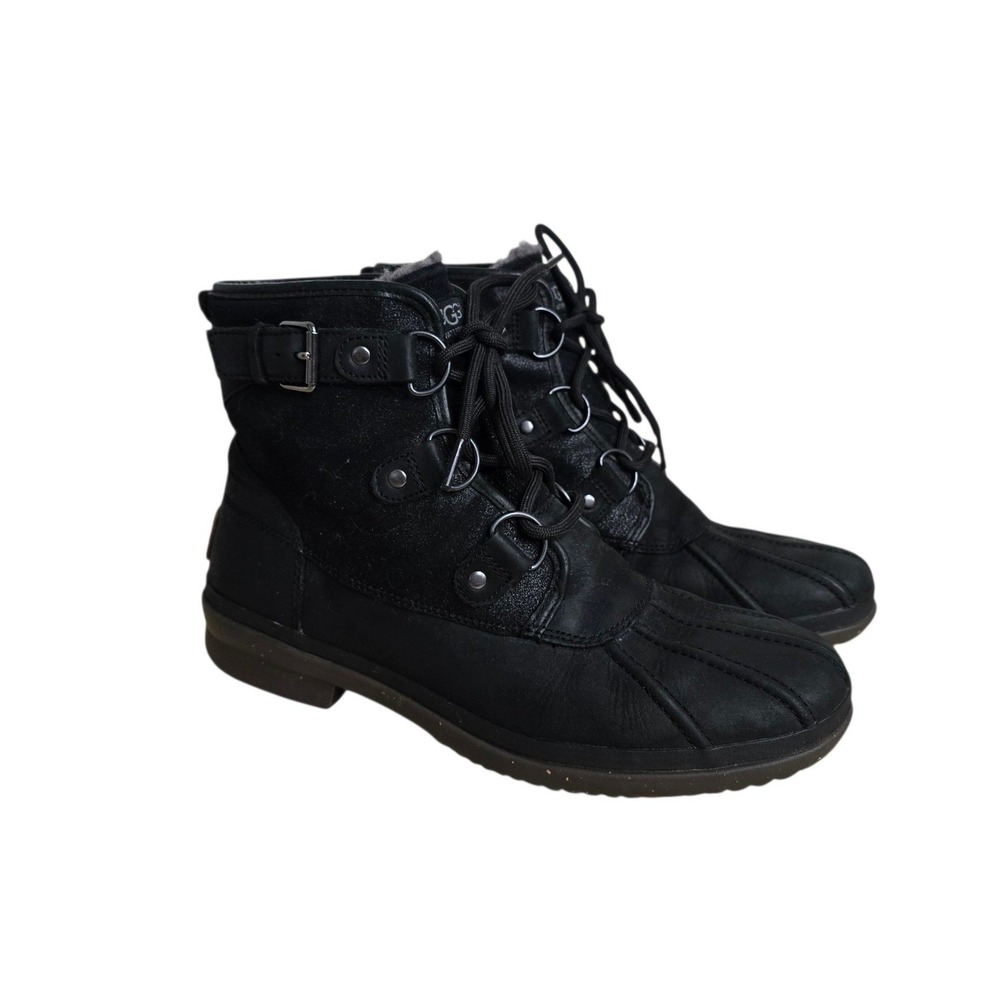 UGG Cecile Waterproof Black Leather Suede Duck Boots Ankle Lace Up Buckle
